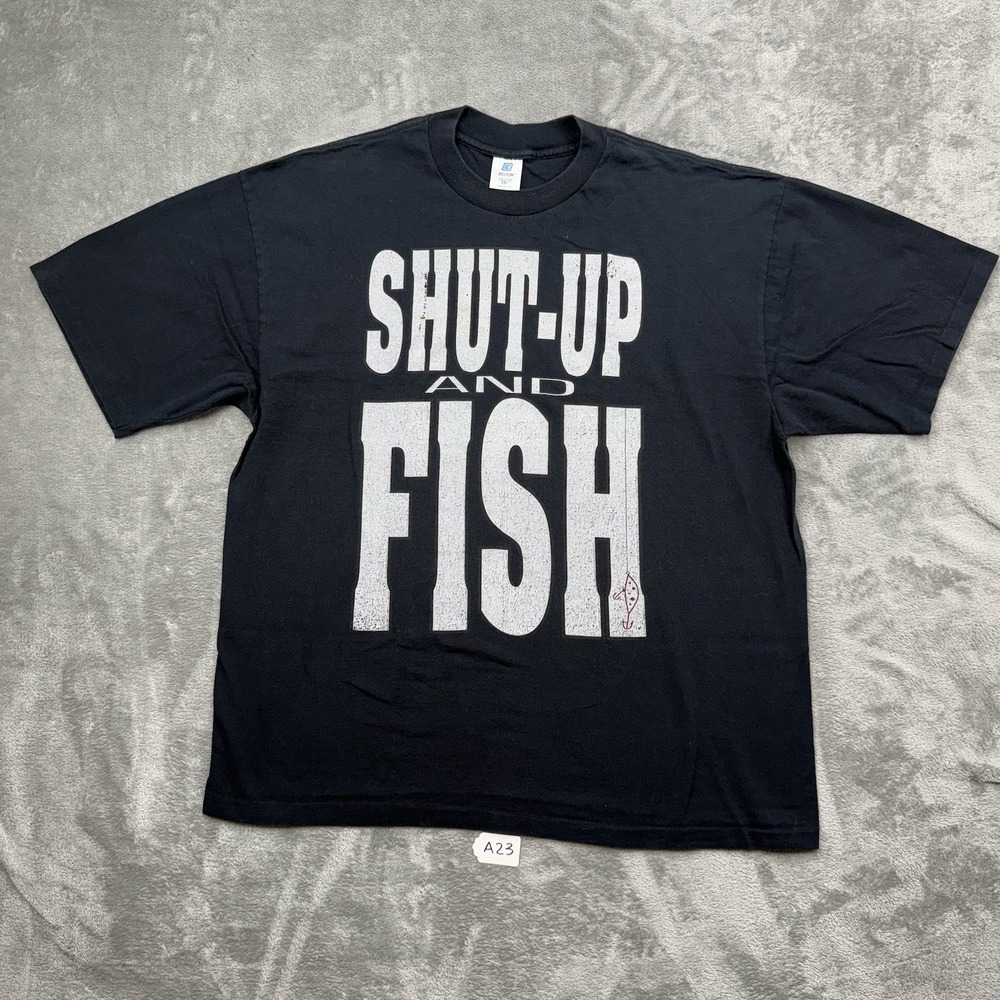 Vintage 90s Funny Fishing Shirt Mens XL Black Single Stitch SHUT UP And Fish